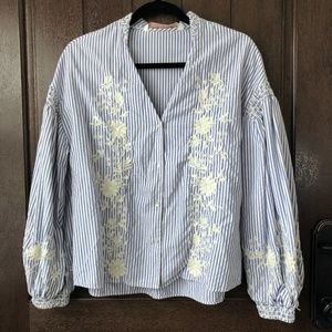 Zara Preppy Seersucker Bell-Sleeve Top (XS)